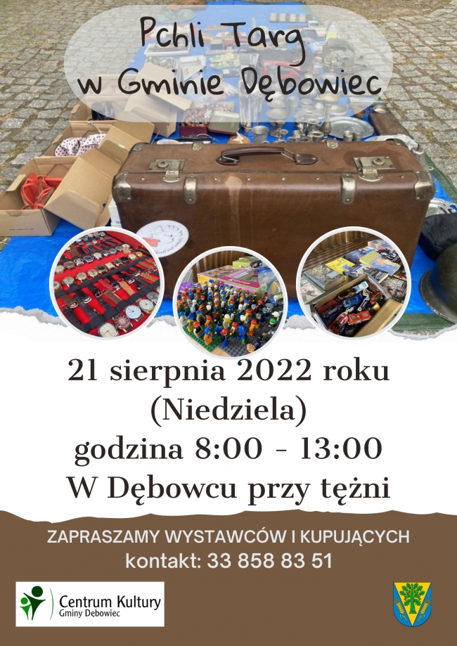 Serdecznie zapraszamy na kolejny Pchli Targ w Dębowcu, który odbędzie się 21 sierpnia 2022r. w godzinach 8:00 - 13:00 przy tężni!